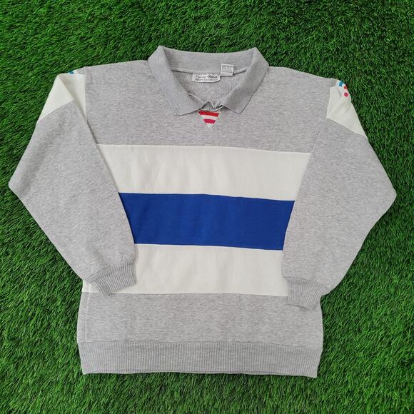 Vintage 90s MOD Collared Sweatshirt Womens M 18x23 Gray White Blue - Picture 1 of 12